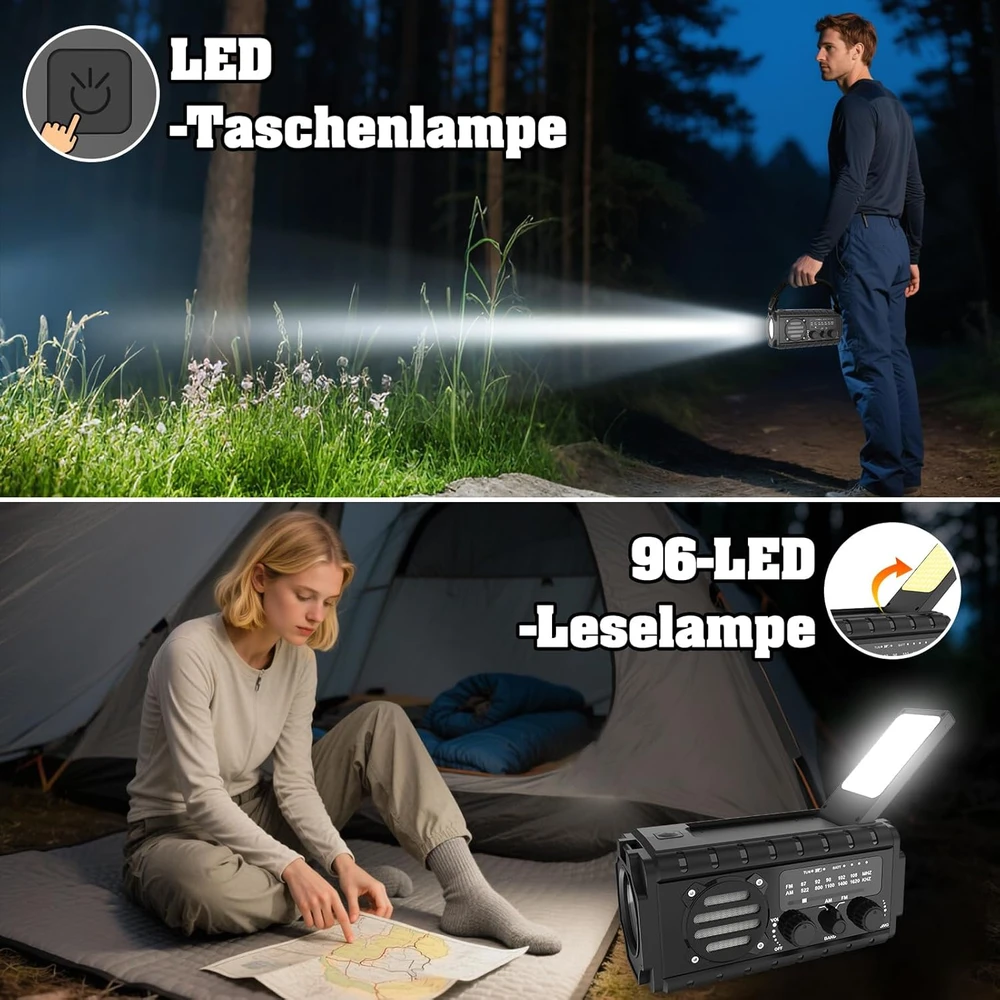 Nigecue nešiojamas saulės radijas su dinaminiu įkrovimu, 20000 mAh, AM/FM, LED žibintuvėlis, XSY350