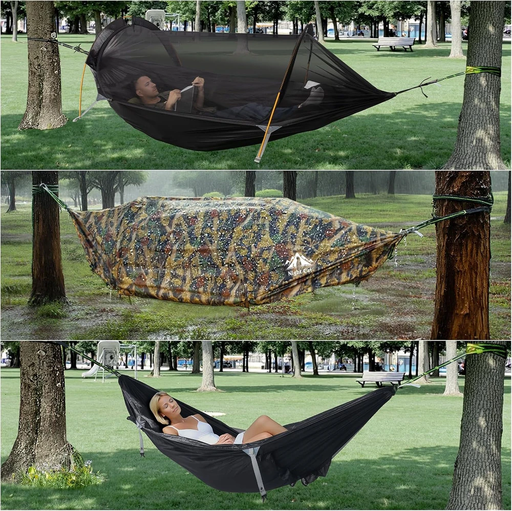 Night Cat vienvietis hamakas-namukas su tinkleliu nuo uodų, neperšlampamas, 2,7 x 1,4 m, Camouflage Pro