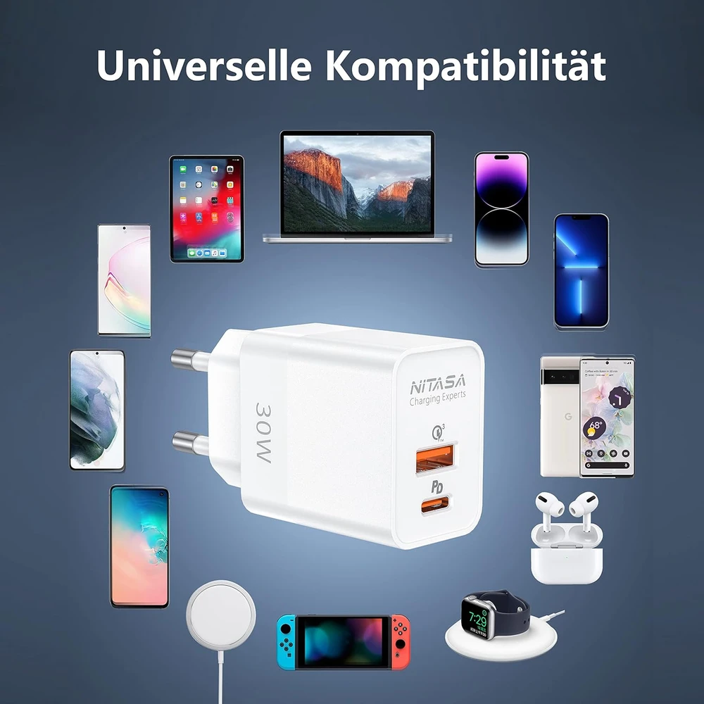 Nitasa USB-C sieninis įkroviklis 30 W su Power Delivery ir Quick Charge, 2 portai, baltas