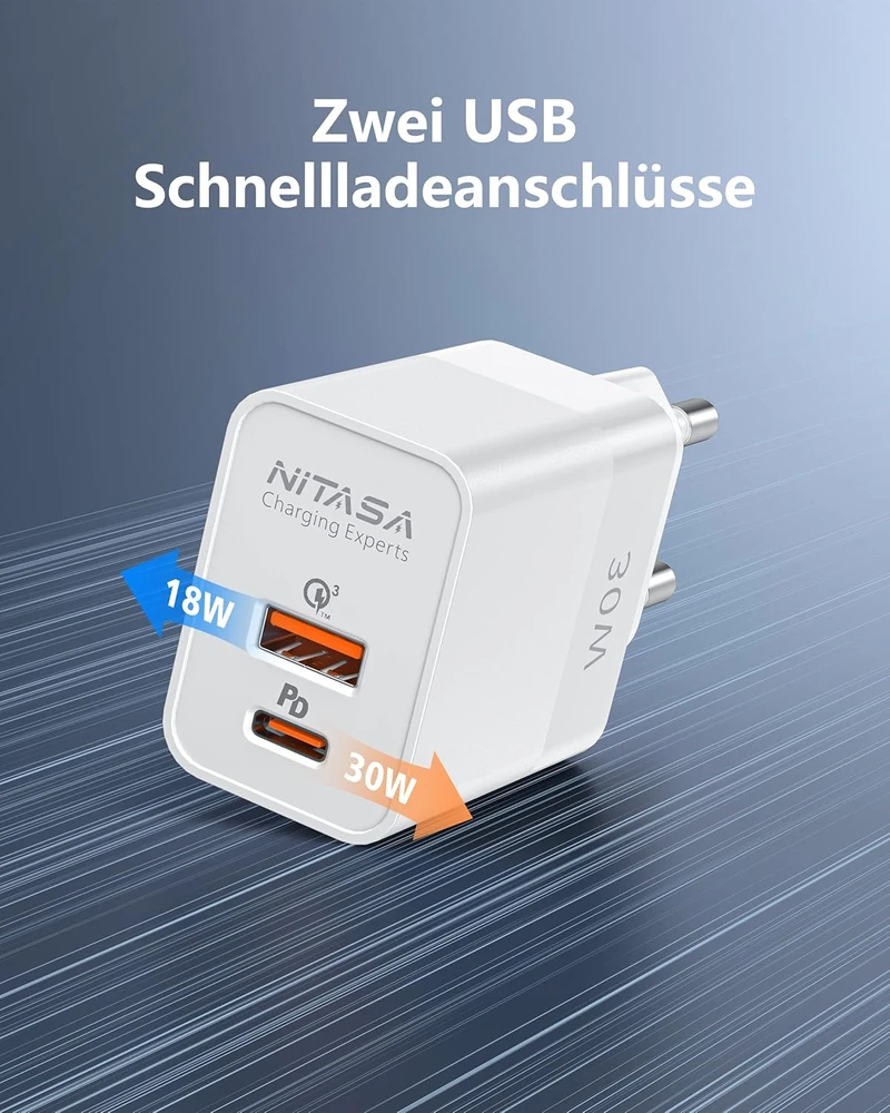 Nitasa USB-C sieninis įkroviklis 30 W su Power Delivery ir Quick Charge, 2 portai, baltas