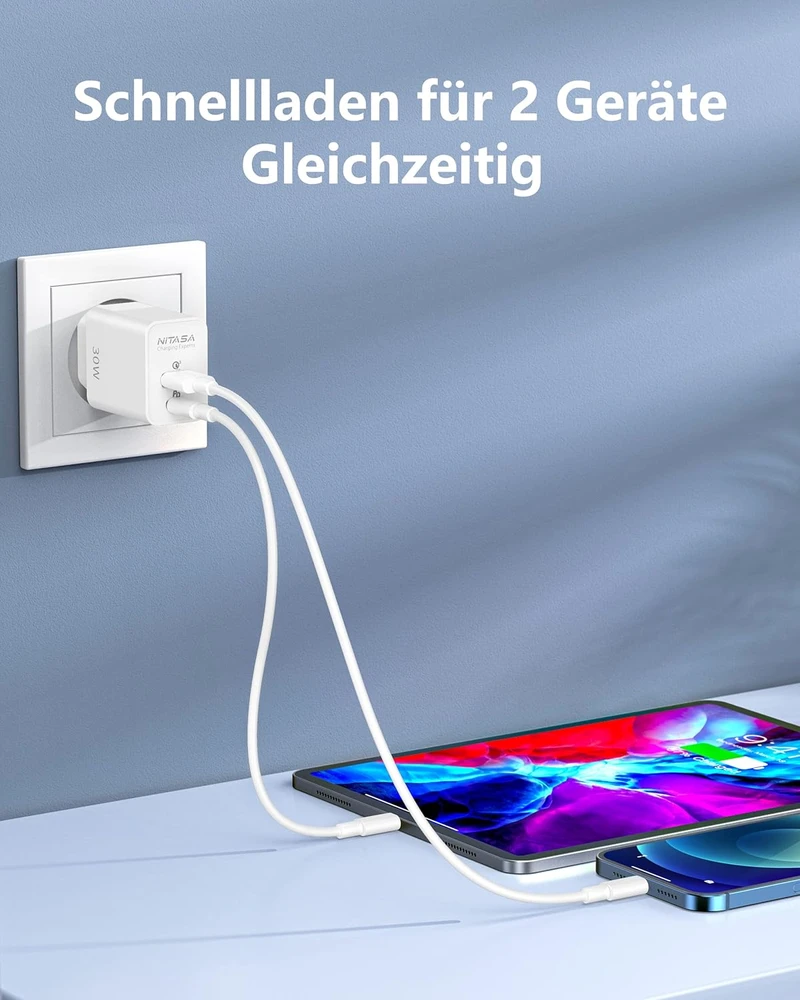 Nitasa USB-C sieninis įkroviklis 30 W su Power Delivery ir Quick Charge, 2 portai, baltas