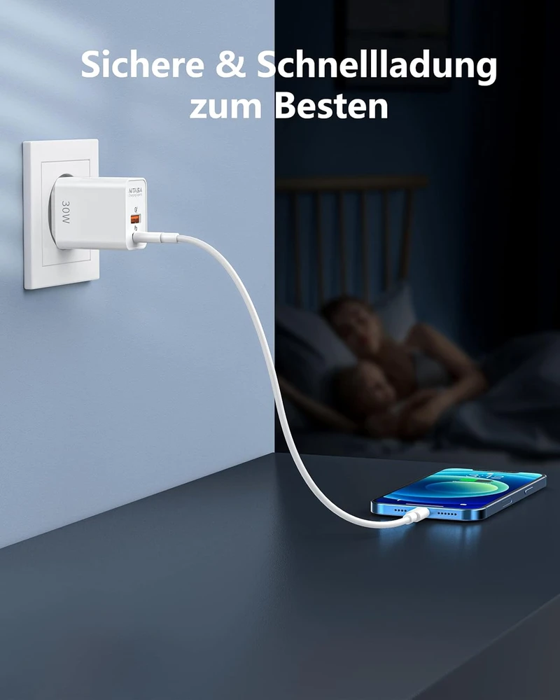 Nitasa USB-C sieninis įkroviklis 30 W su Power Delivery ir Quick Charge, 2 portai, baltas