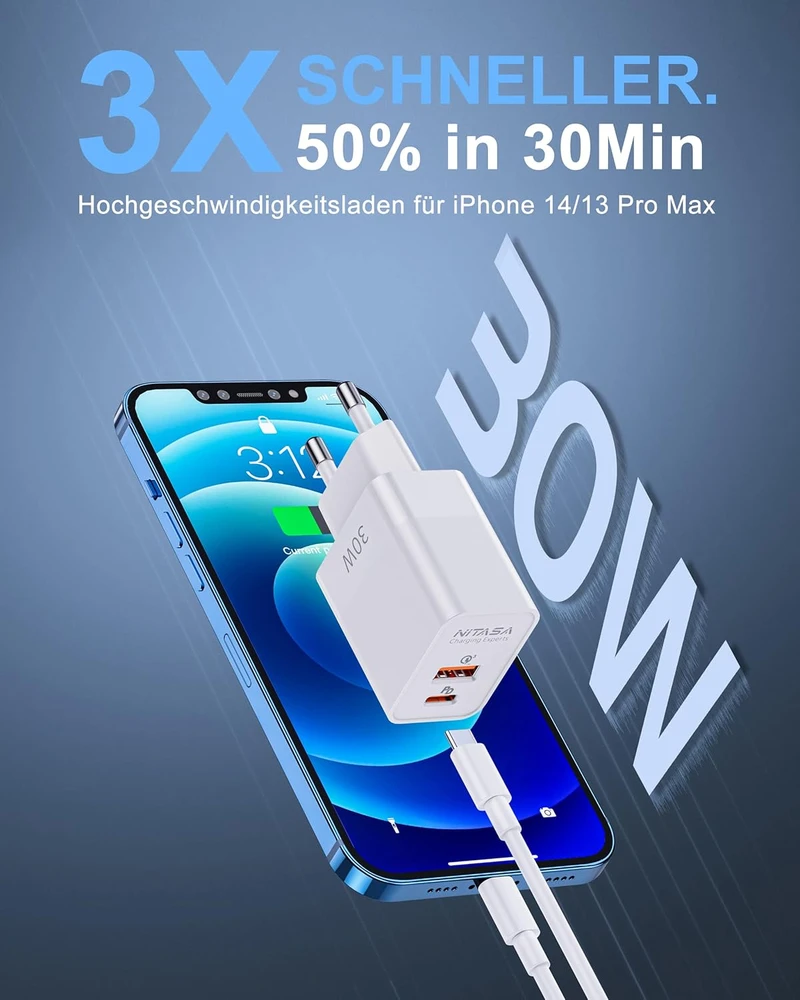 Nitasa USB-C sieninis įkroviklis 30 W su Power Delivery ir Quick Charge, 2 portai, baltas