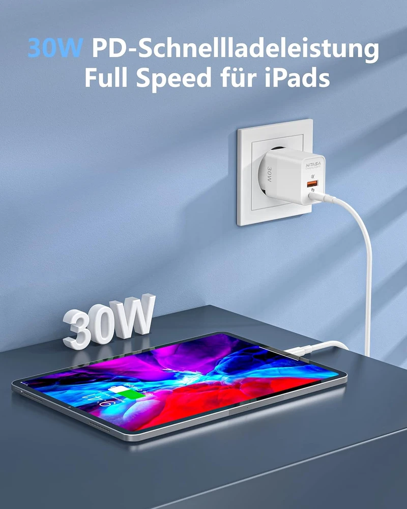 Nitasa USB-C sieninis įkroviklis 30 W su Power Delivery ir Quick Charge, 2 portai, baltas