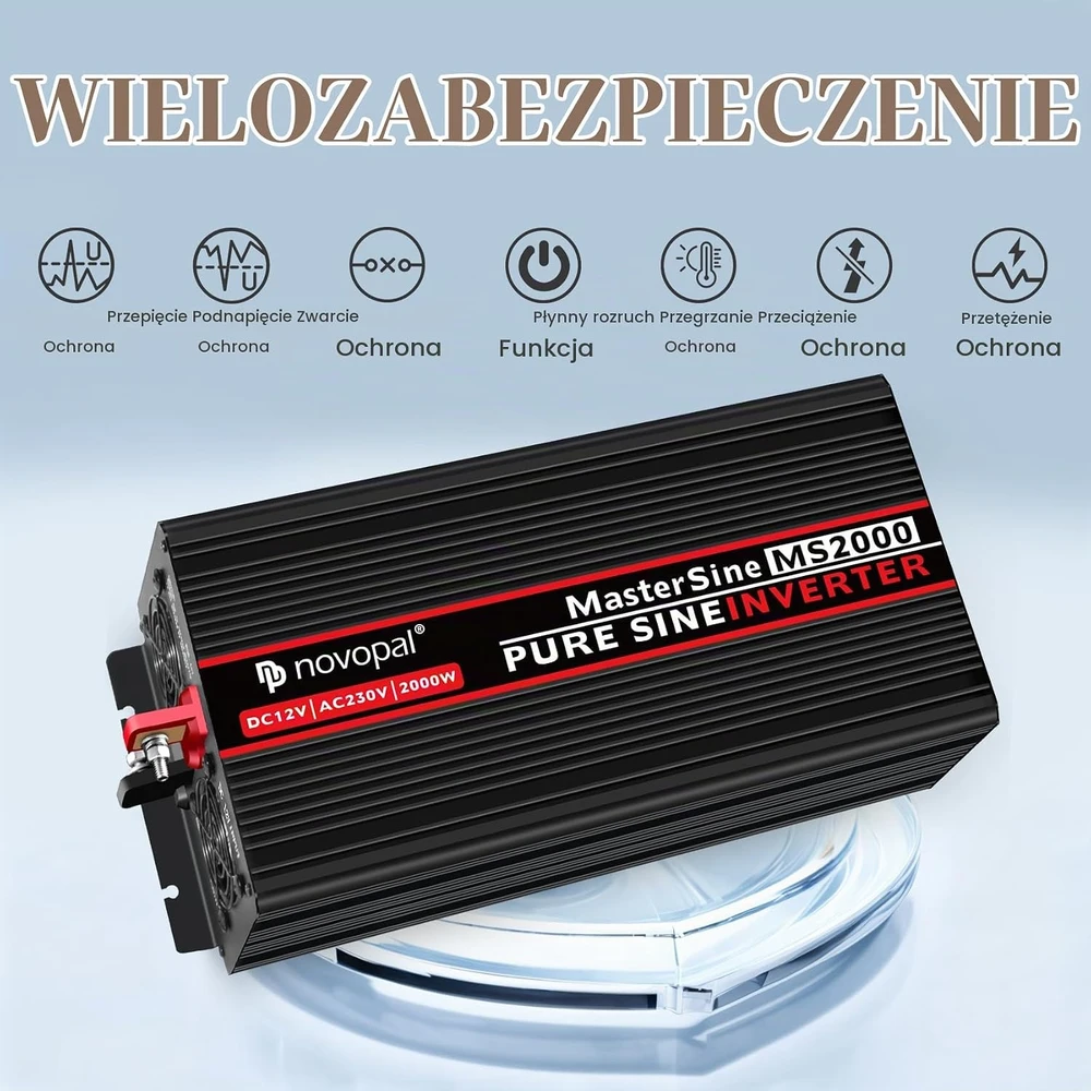 novopal automobilinis įtampos keitiklis 2000 W, 12 V į 230 V, grynoji sinusoidė MS2000