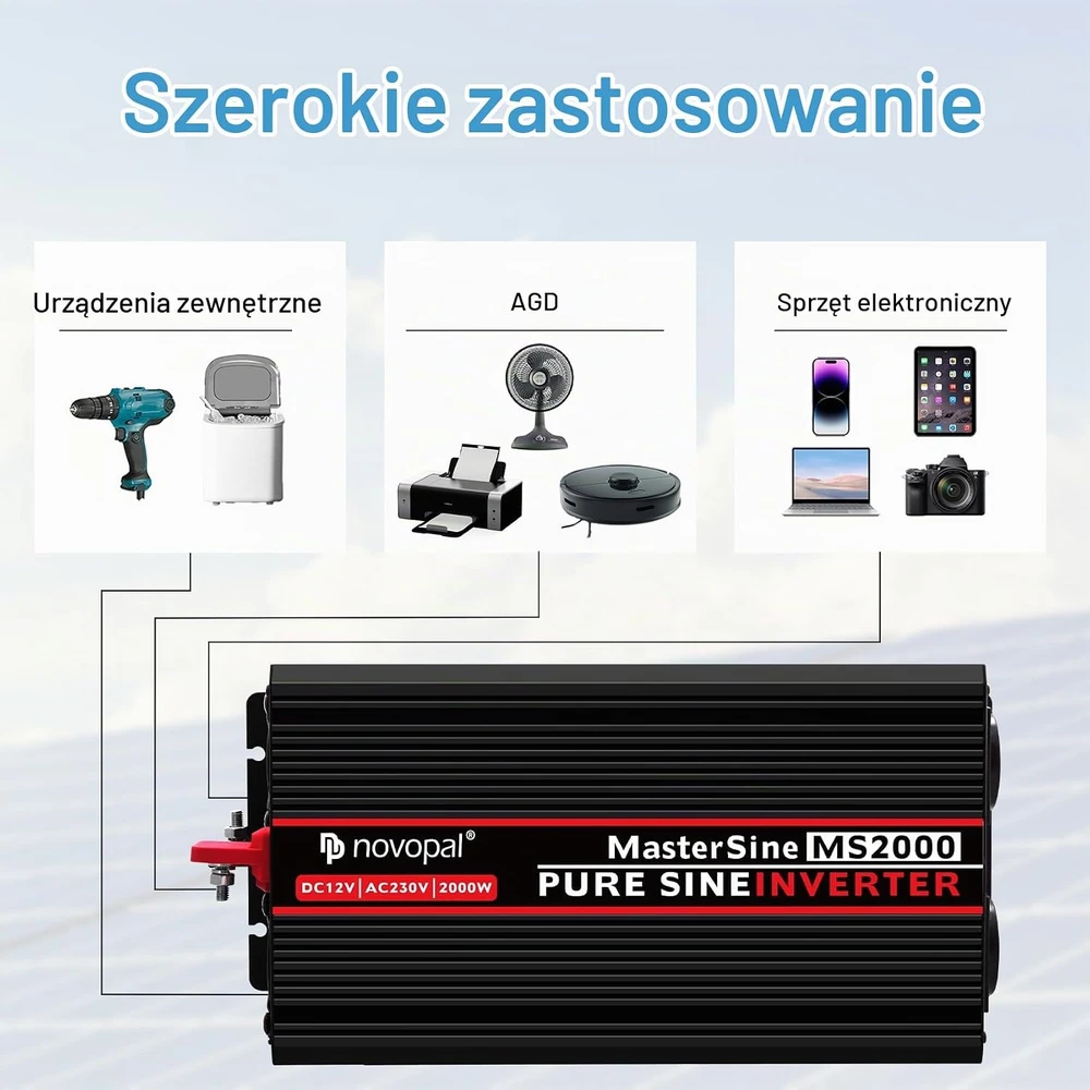novopal automobilinis įtampos keitiklis 2000 W, 12 V į 230 V, grynoji sinusoidė MS2000