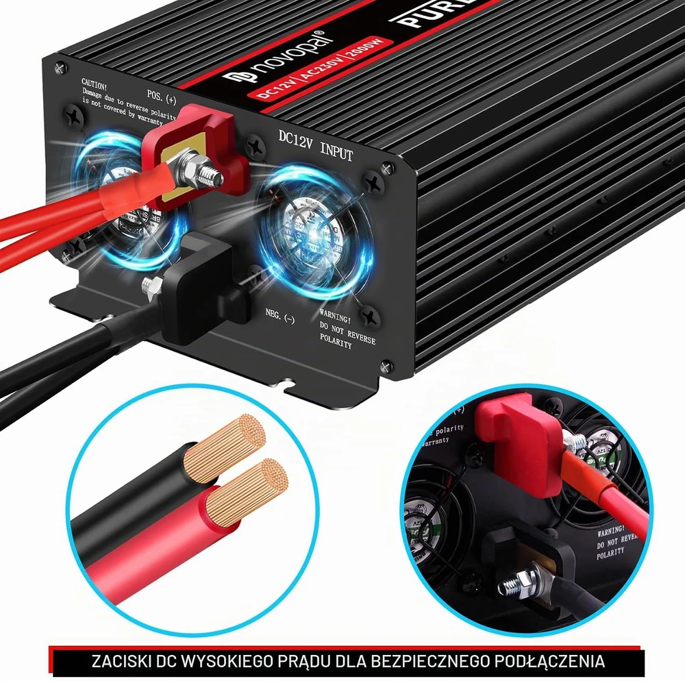 novopal automobilinis įtampos keitiklis 2000 W, 12 V į 230 V, grynoji sinusoidė MS2000