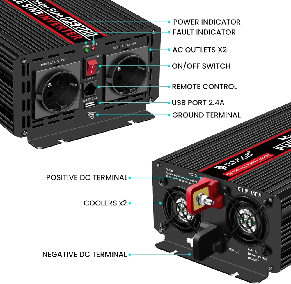 novopal automobilinis įtampos keitiklis 2000 W, 12 V į 230 V, grynoji sinusoidė MS2000