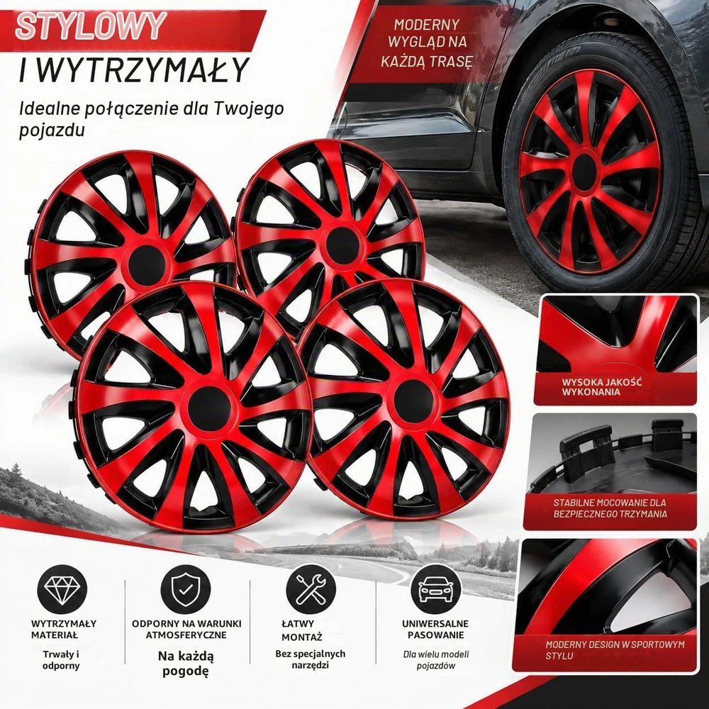 NRM automobilių ratų gaubtai 16 colių juodi ir raudoni, 4 vnt., KO240