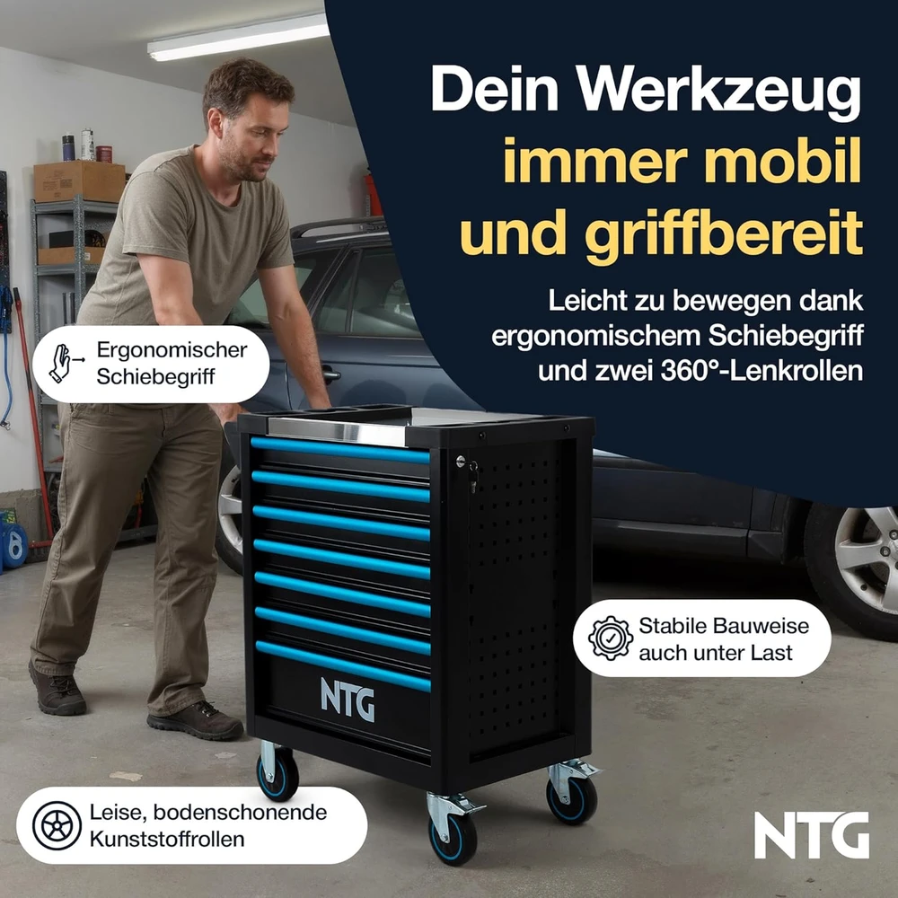 NTG įrankių vežimėlis su 7 stalčiais ir 290 įrankių rinkiniu WZW.7290