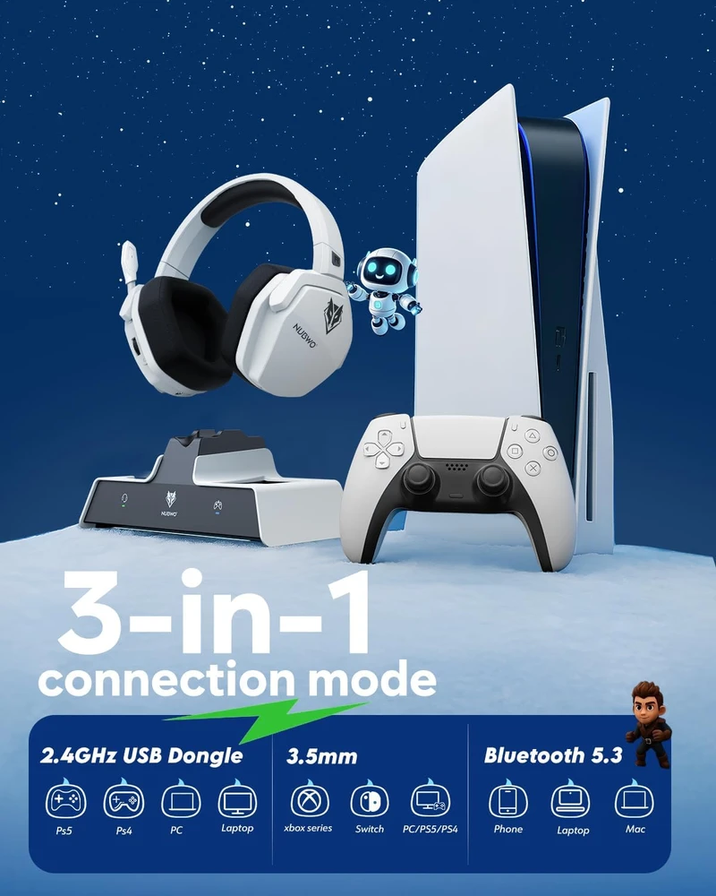 NUBWO belaidės žaidimų ausinės G06-P su įkrovimo stotele, Bluetooth 5.3