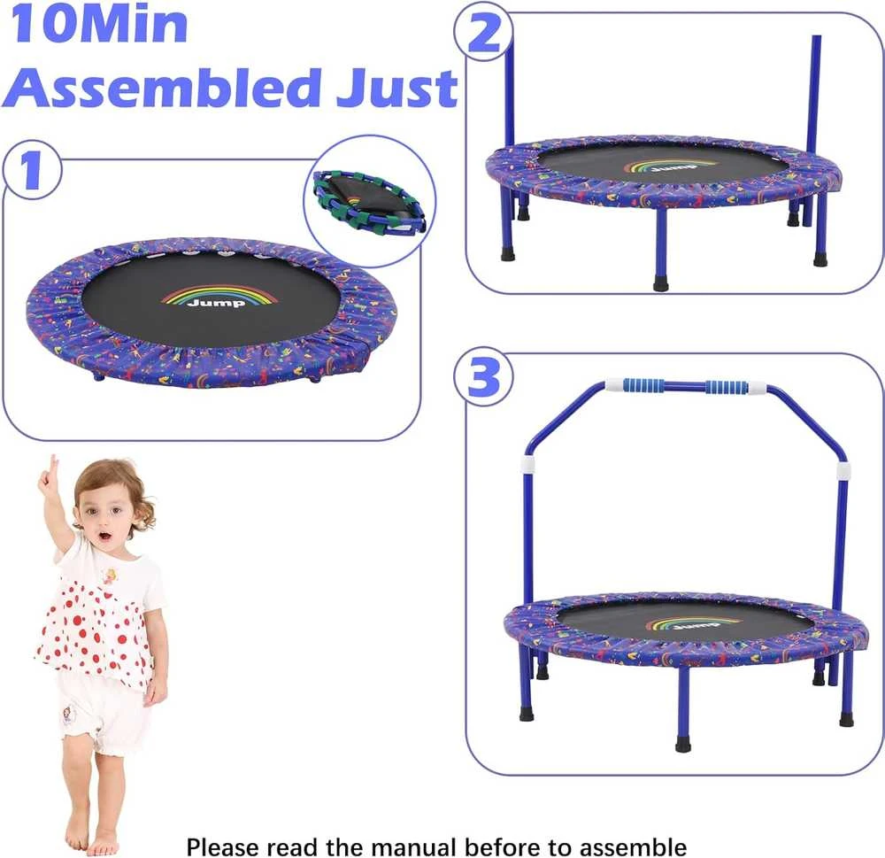 NUKied vaikų trampolinas, sulankstomas, Ø 91,5 cm, su putplasčio rankena ir apsaugine danga, mėlynas, YL-TJ-3601-GC