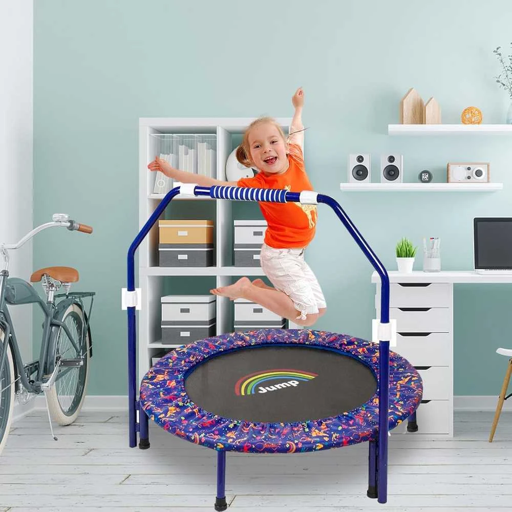 NUKied vaikų trampolinas, sulankstomas, Ø 91,5 cm, su putplasčio rankena ir apsaugine danga, mėlynas, YL-TJ-3601-GC