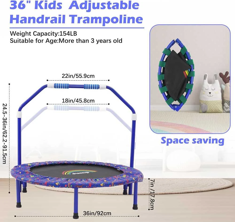 NUKied vaikų trampolinas, sulankstomas, Ø 91,5 cm, su putplasčio rankena ir apsaugine danga, mėlynas, YL-TJ-3601-GC