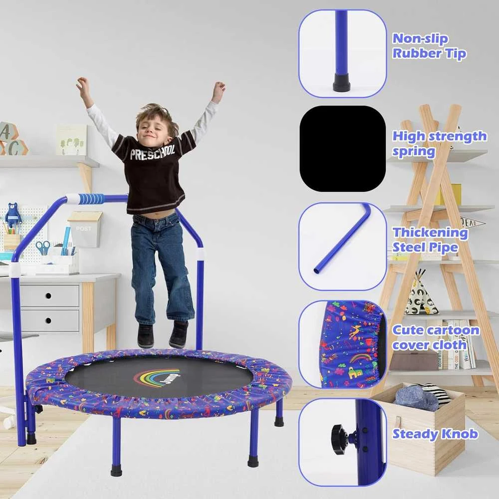 NUKied vaikų trampolinas, sulankstomas, Ø 91,5 cm, su putplasčio rankena ir apsaugine danga, mėlynas, YL-TJ-3601-GC
