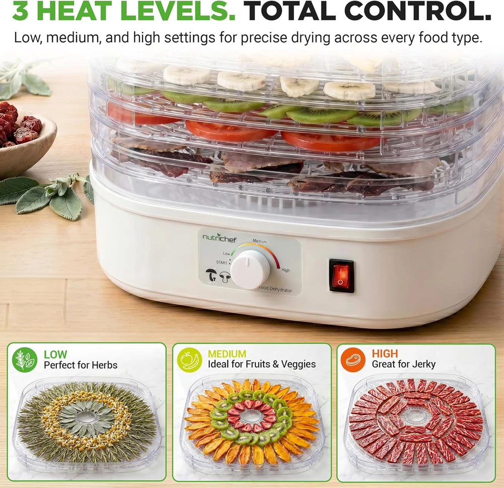 Nutrichef maisto džiovyklė 250 W, 5 keičiamos padėklos, temperatūra iki 82 °C PKFD06