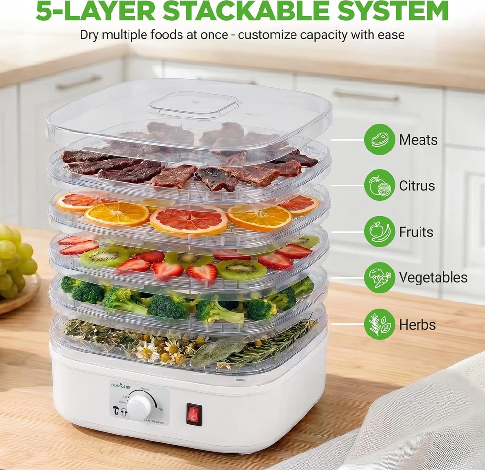 Nutrichef maisto džiovyklė 250 W, 5 keičiamos padėklos, temperatūra iki 82 °C PKFD06