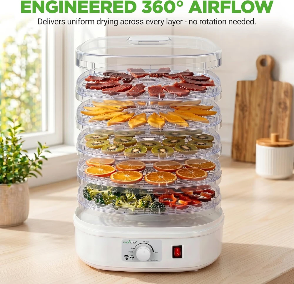 Nutrichef maisto džiovyklė 250 W, 5 keičiamos padėklos, temperatūra iki 82 °C PKFD06