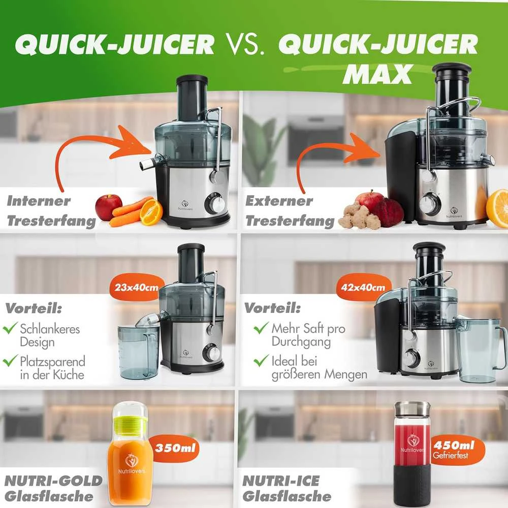 Nutrilovers sulčiaspaudė su plieniniu XXL sieteliu, išoriniu nuosėdų indu, 800 W, QUICK-JUICER MAX