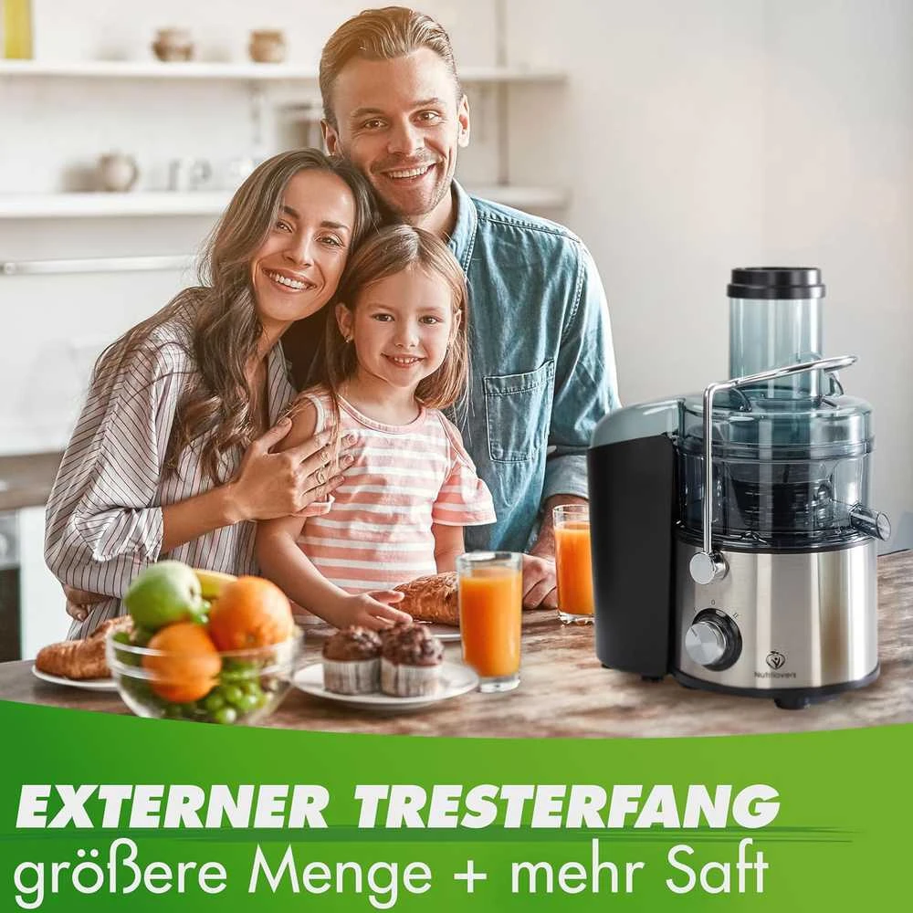 Nutrilovers sulčiaspaudė su plieniniu XXL sieteliu, išoriniu nuosėdų indu, 800 W, QUICK-JUICER MAX