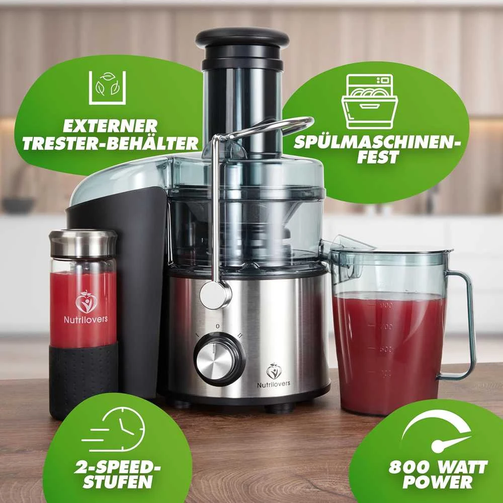 Nutrilovers sulčiaspaudė su plieniniu XXL sieteliu, išoriniu nuosėdų indu, 800 W, QUICK-JUICER MAX