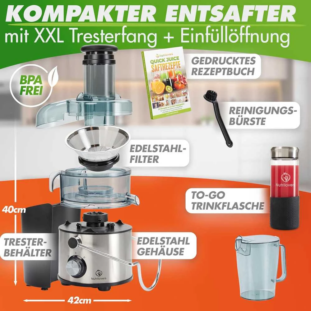 Nutrilovers sulčiaspaudė su plieniniu XXL sieteliu, išoriniu nuosėdų indu, 800 W, QUICK-JUICER MAX