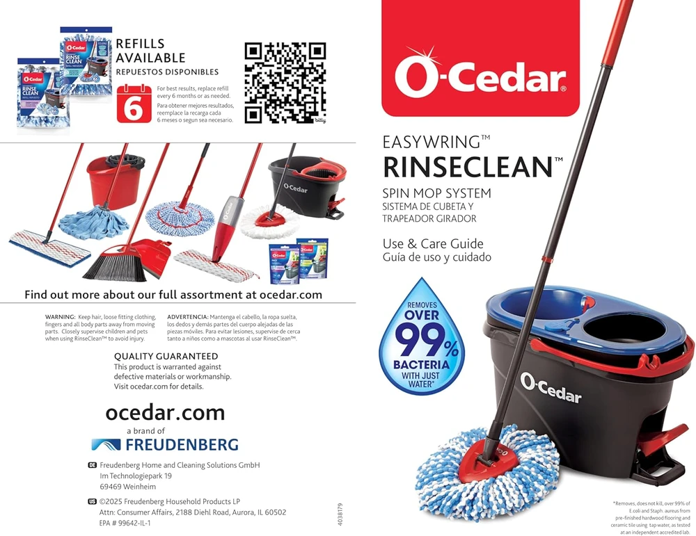 O-Cedar grindų valymo sistema EasyWring su mikrofibros mopais, dviejų skyrių kibiru ir 2 papildomais užpildais