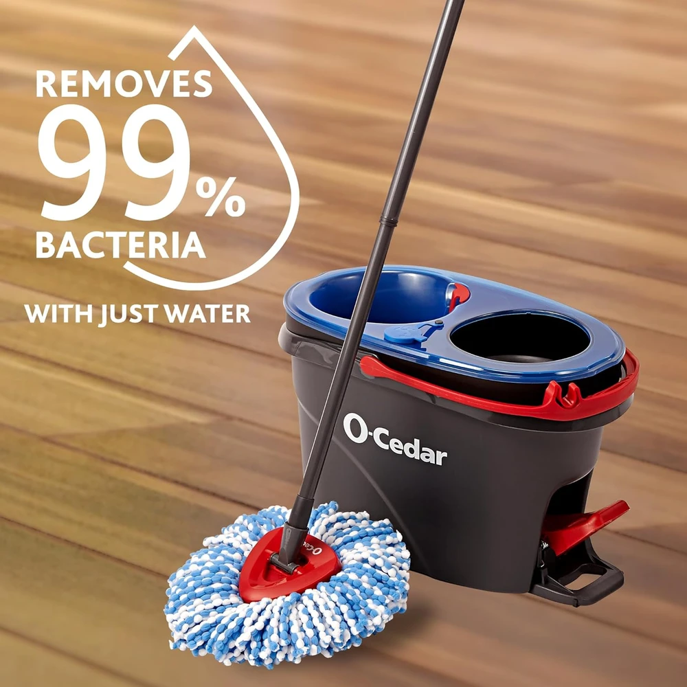 O-Cedar grindų valymo sistema EasyWring su mikrofibros mopais, dviejų skyrių kibiru ir 2 papildomais užpildais