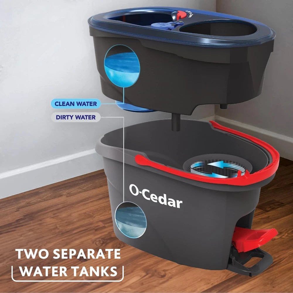 O-Cedar grindų valymo sistema EasyWring su mikrofibros mopais, dviejų skyrių kibiru ir 2 papildomais užpildais