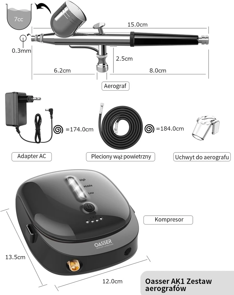 Oasser belaidis aerografo rinkinys su kompresoriumi 1000 mAh, 2–15 PSI, HS-M901