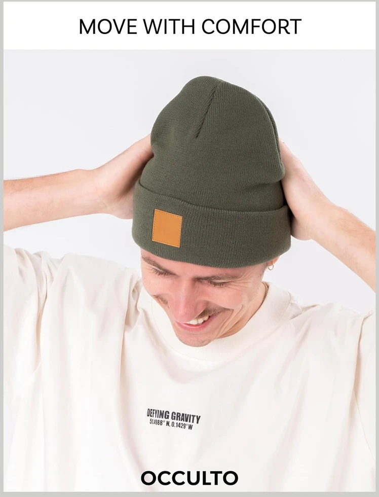 Occulto unisex megzta akrilinė kepurė su odine etikete, juoda, Beanie