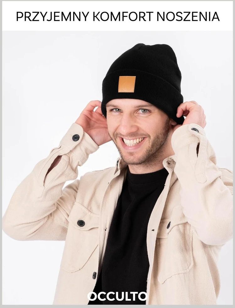 Occulto unisex megzta akrilinė kepurė su odine etikete, juoda, Beanie