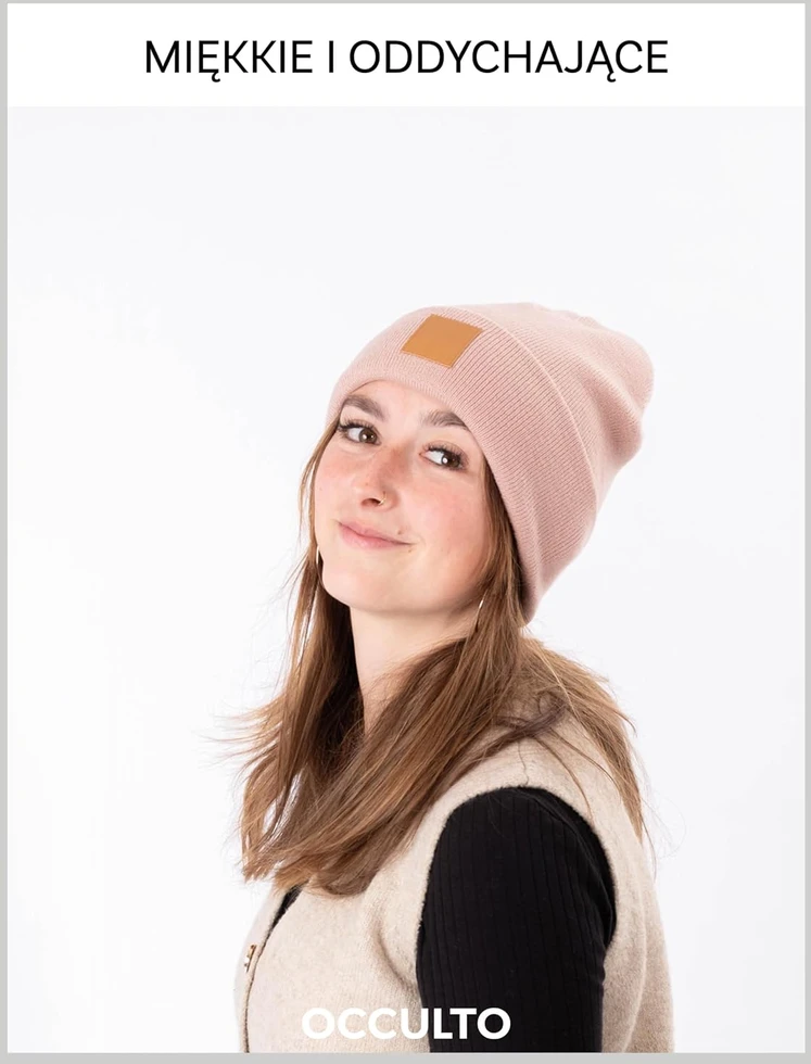 Occulto unisex megzta akrilinė kepurė su odine etikete, juoda, Beanie