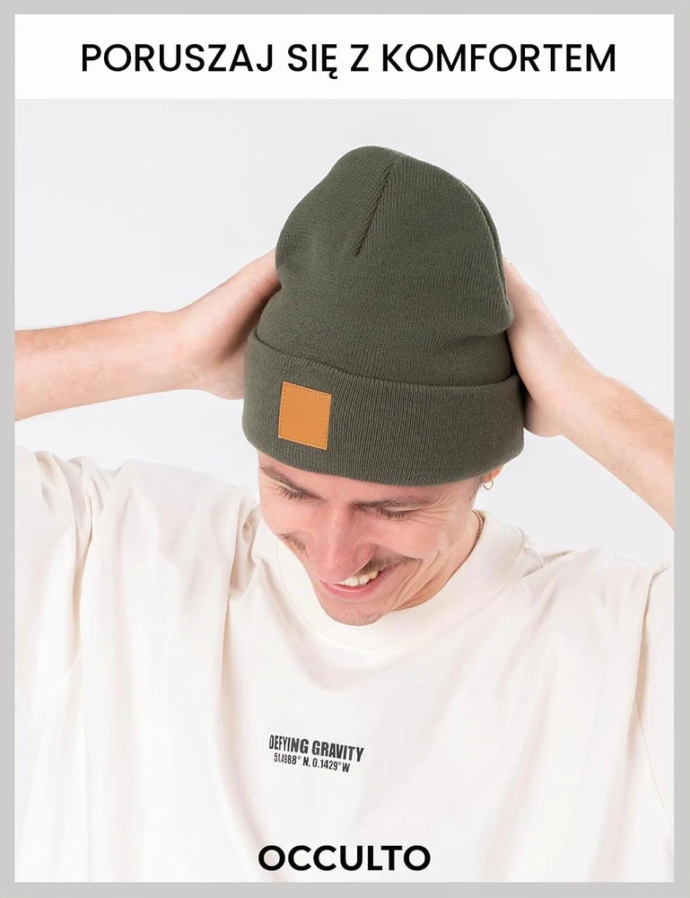 Occulto unisex žieminė megzta akrilo kepurė su odine etikete Beanie
