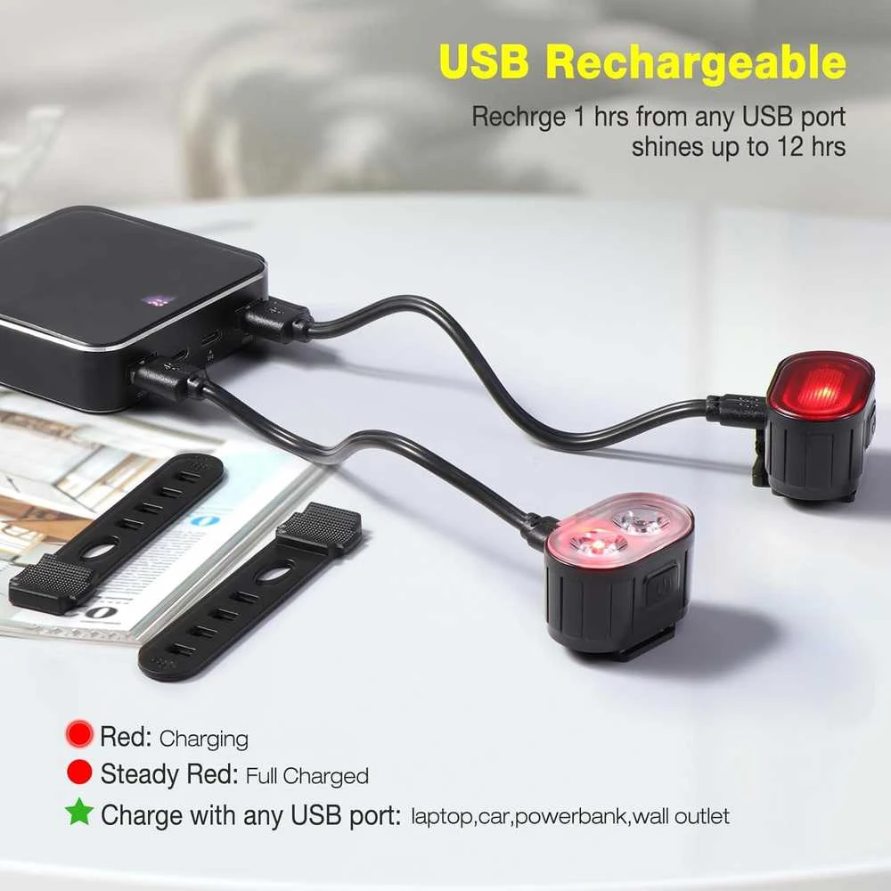 Oderra dviračio žibintų rinkinys su USB įkrovimu, IPX5, priekinis ir galinis, 6 režimai