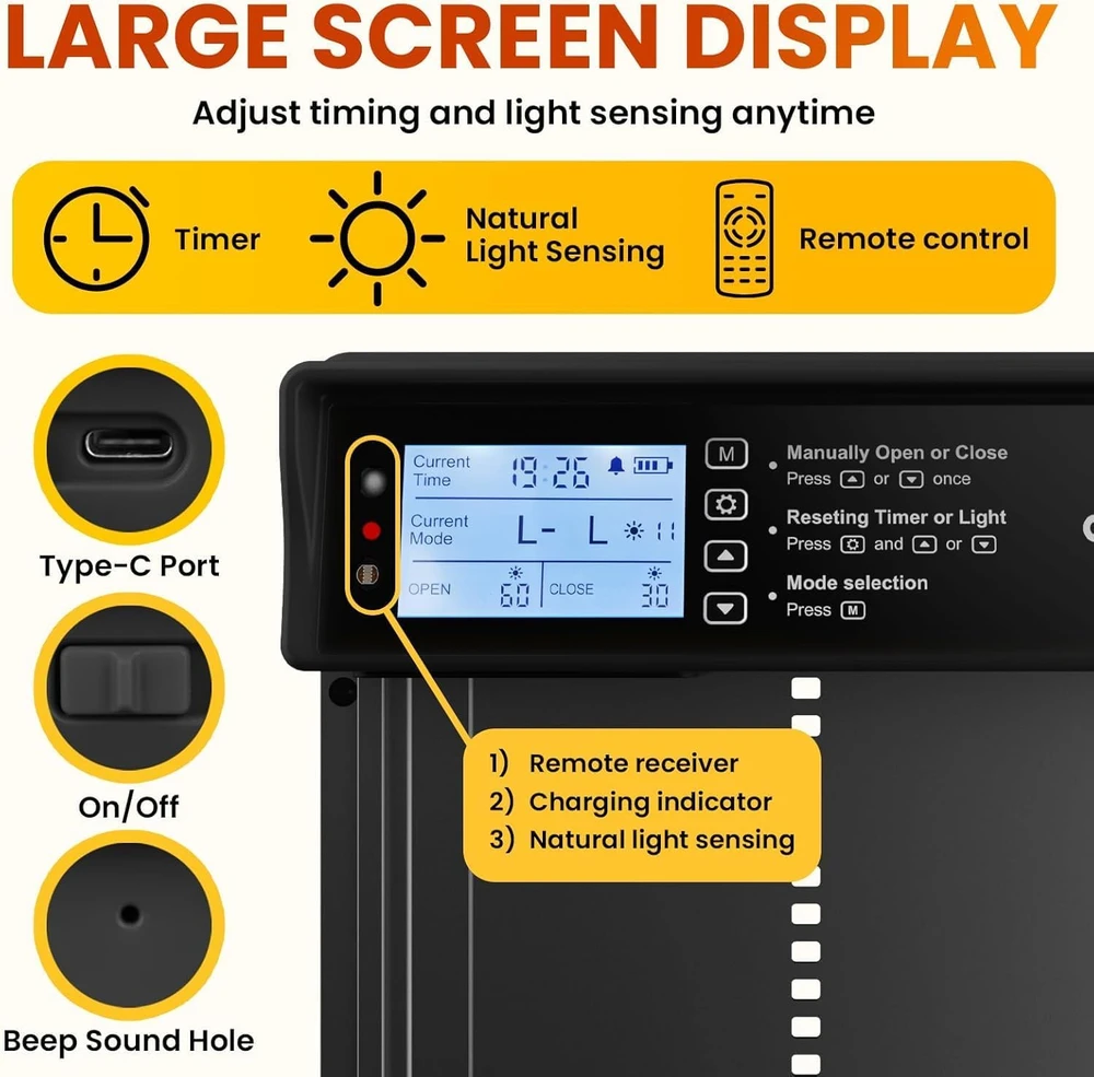 OKKÖBI automatinės saulės energija maitinamos vištidės durys su LCD ekranu OKCHI9302