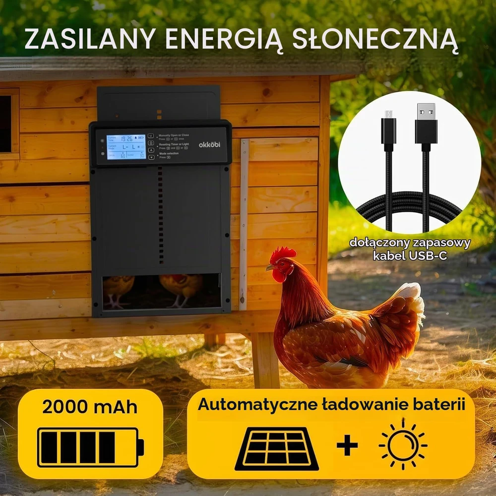 OKKÖBI automatinės saulės energija maitinamos vištidės durys su LCD ekranu OKCHI9302