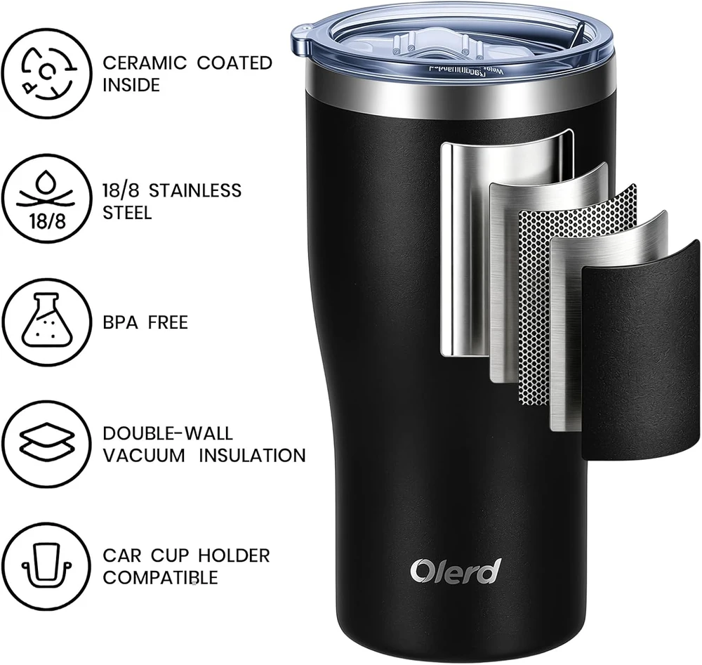 Olerd izoliuotas kelioninis termopuodelis 590 ml, nerūdijančiojo plieno, mug-600-juodas