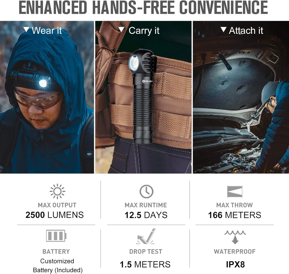 Olight galvos žibintas Perun 2, LED, 2500 lm, įkraunamas, IPX8, juodas