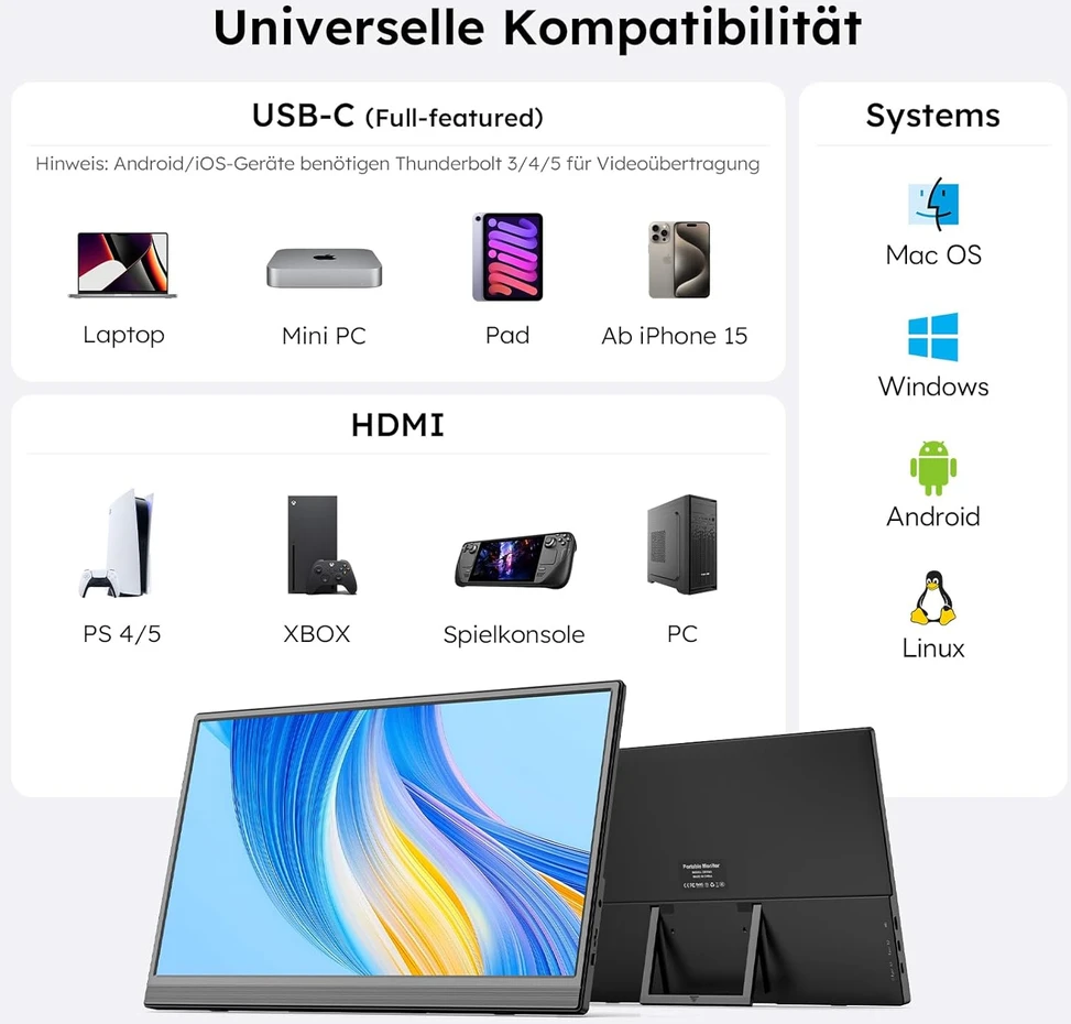 Omiodo nešiojamasis monitorius 15,6 col. Full HD IPS 60 Hz su USB-C ir HDMI, 1563