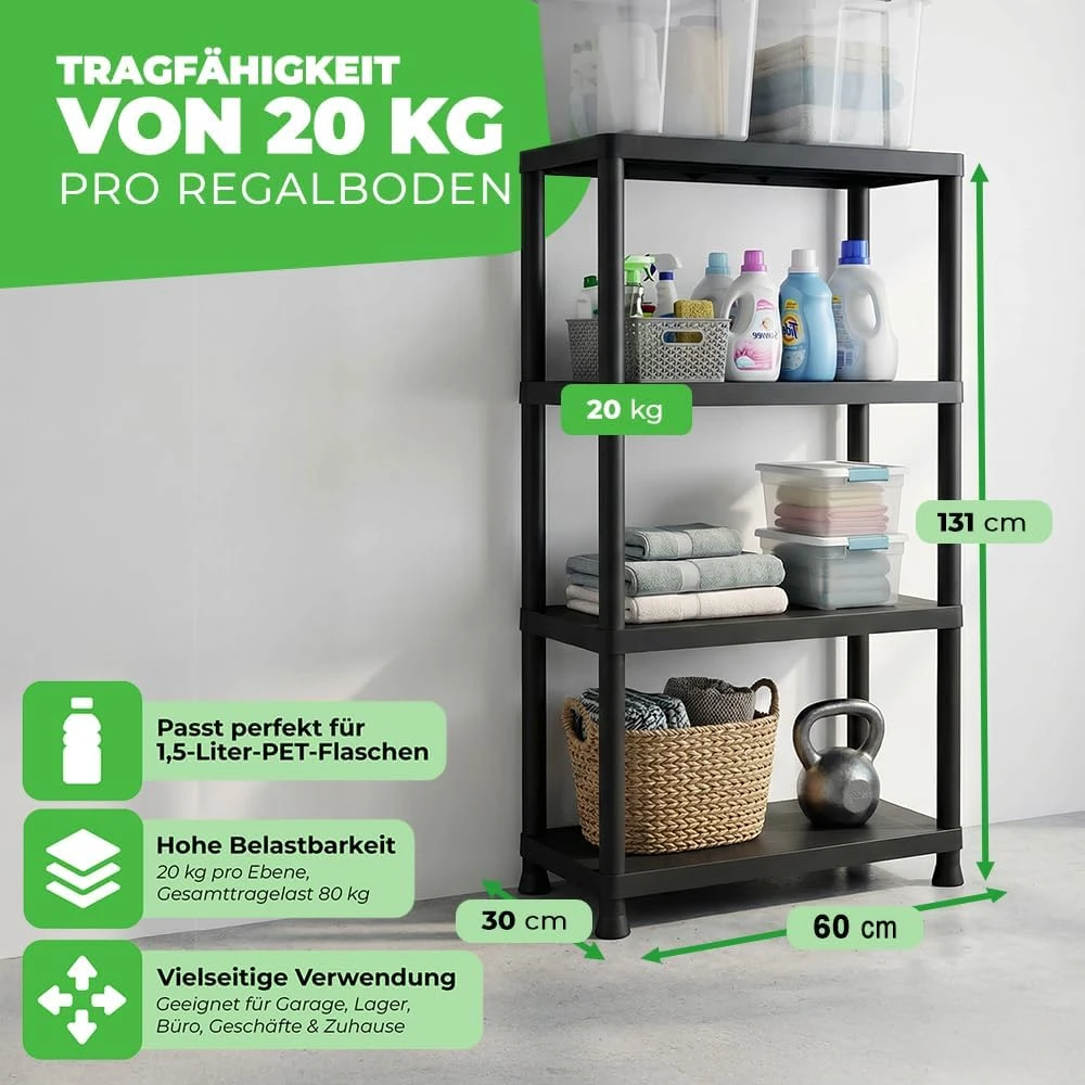 Ondis24 plastikinis sandėliavimo stelažų rinkinys, 2 vnt., 4 lentynos, 60 x 30 x 135 cm, 4250627032407