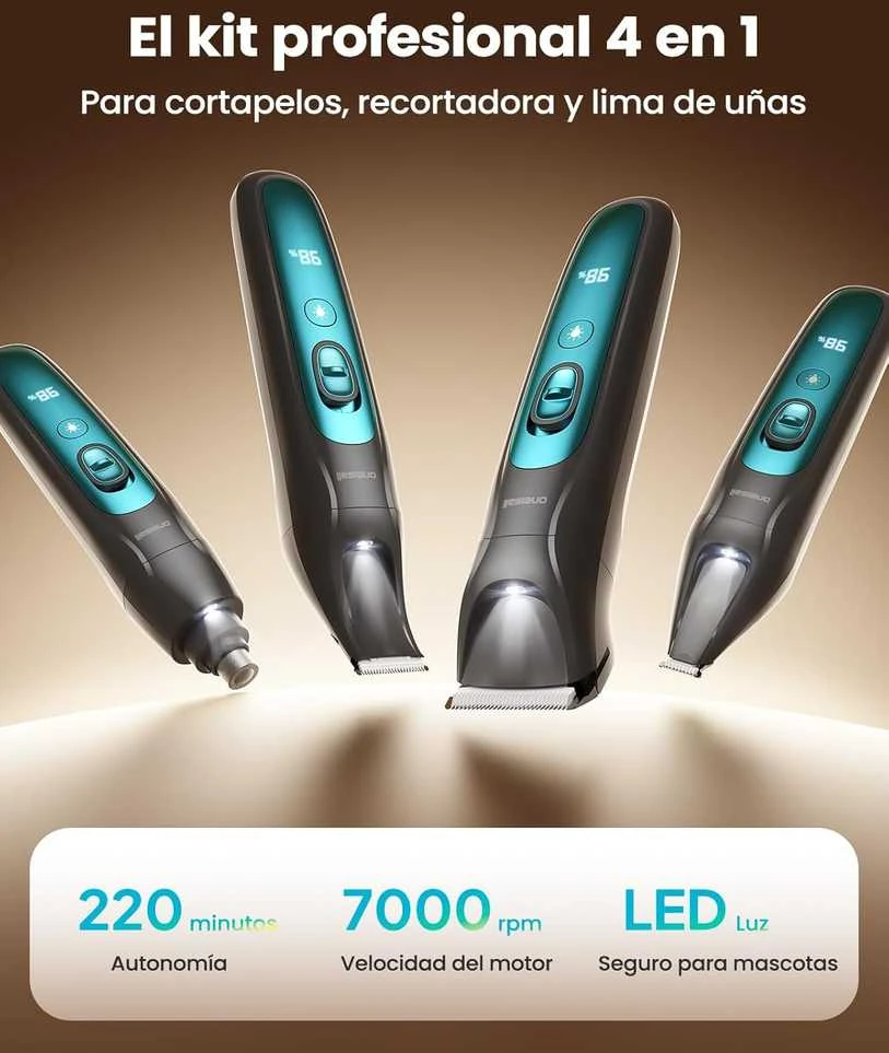 oneisall gyvūnų kirpimo mašinėlė su LED, 4-in-1, 2000 mAh, skirta šunims ir katėms, FC10