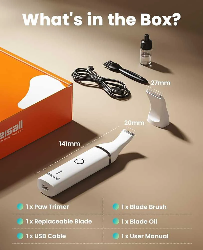oneisall gyvūnų plaukų trimeris su 2 ašmenimis, USB įkrovimas, baltas, C61