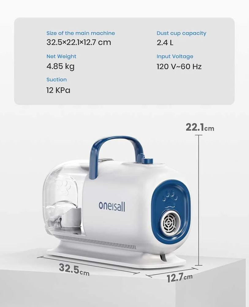 oneisall šunų priežiūros dulkių siurblys su džiovintuvu ir kirpimo mašinėle, 900 W, 2,5 l talpa, 7 temperatūros lygiai