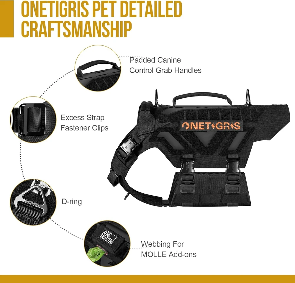 OneTigris taktinės šunų petnešos X-ARMOR, L dydžio, juodos, su MOLLE sistema
