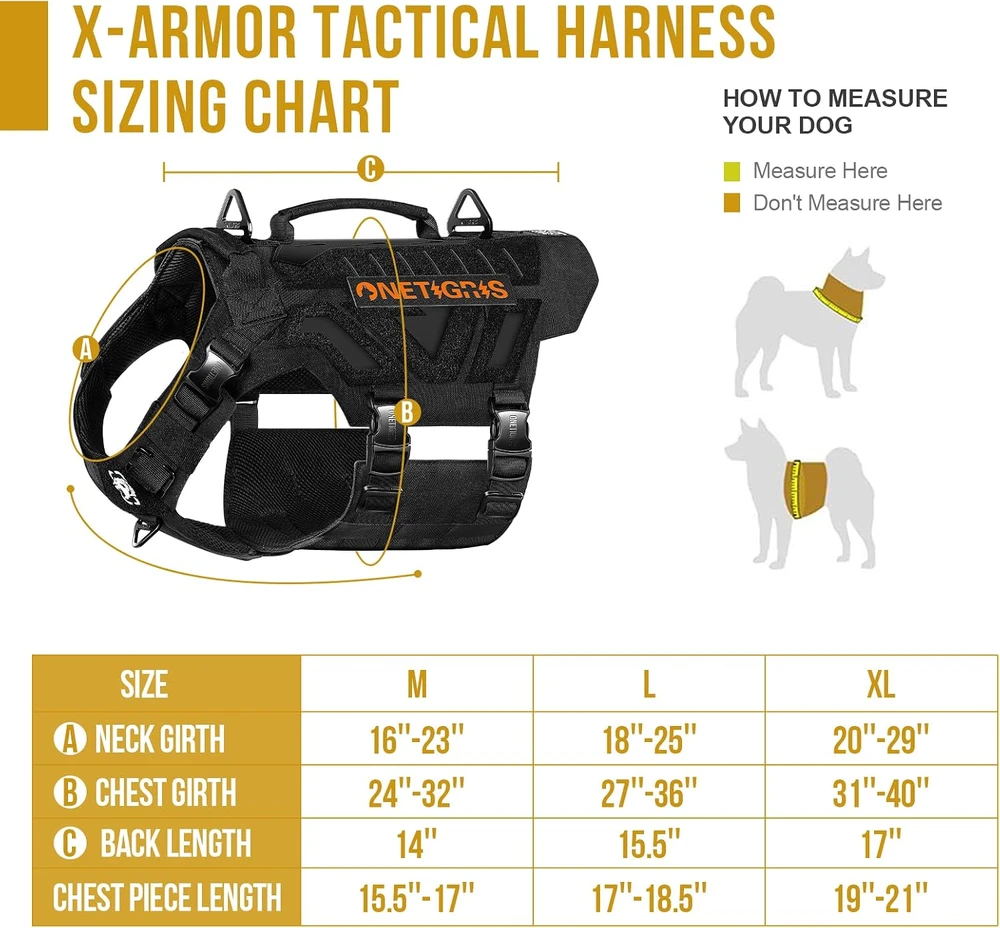 OneTigris taktinės šunų petnešos X-ARMOR, L dydžio, juodos, su MOLLE sistema