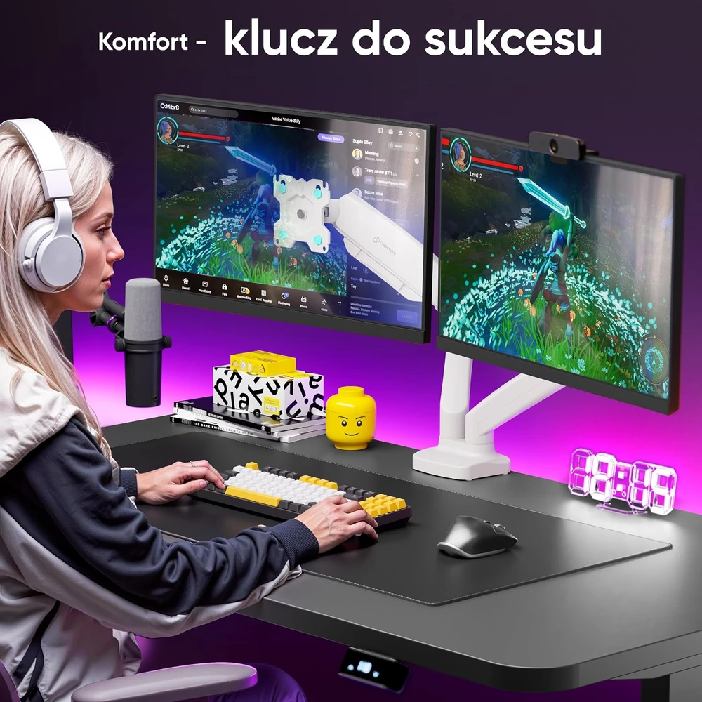 ONKRON G-160-W Pasukamas ir pakreipiamas stalo laikiklis dviem 13-32 colių monitoriams, maks. 8kg, su sukimosi funkcija, baltas