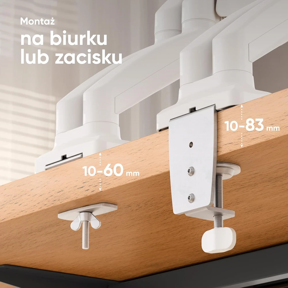 ONKRON G-160-W Pasukamas ir pakreipiamas stalo laikiklis dviem 13-32 colių monitoriams, maks. 8kg, su sukimosi funkcija, baltas