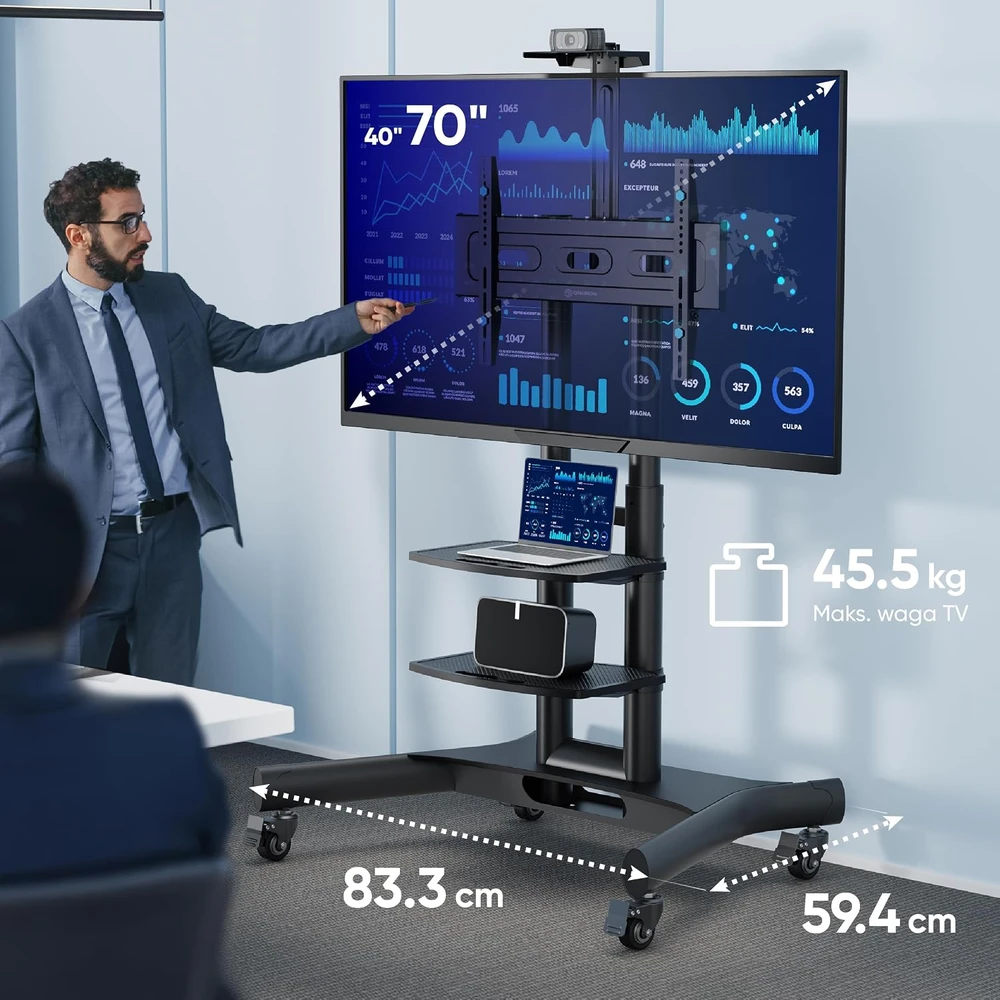 Laikiklis ONKRON mobilus televizoriaus stovas su ratukais 40–70 col., iki 45,5kg, VESA 600 × 400 TS1552-BLK-DE