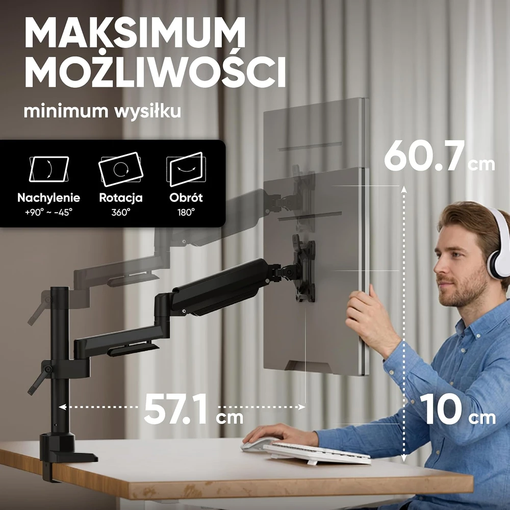 ONKRON monitoriaus laikiklis su dujine spyruokle 17–42 col., iki 15 kg, VESA G70-B